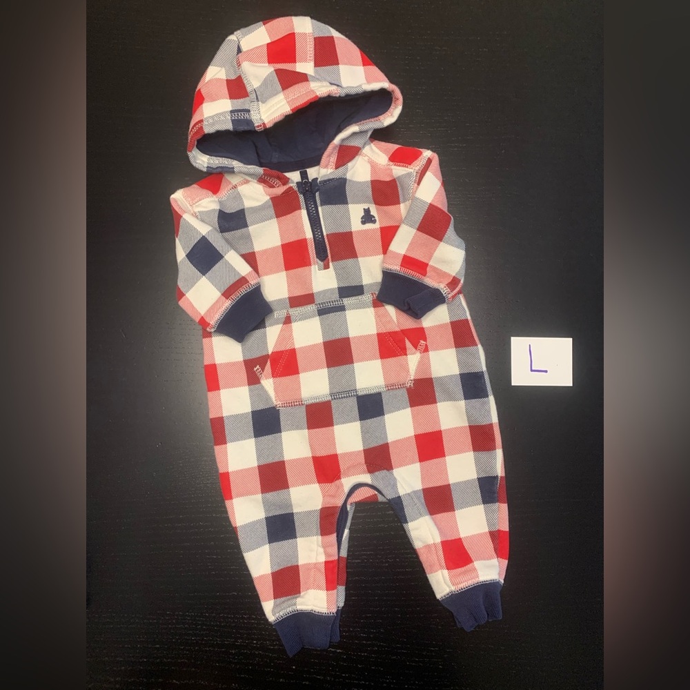 🧸 GAP 0-3m Hooded Red and Blue Plaid Baby One Piece